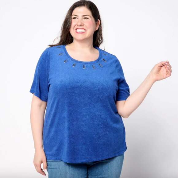 Denim & Co. Beach Knit Terry Short-Sleeve Top , Blue Sz XXS a650453 - Picture 1 of 6